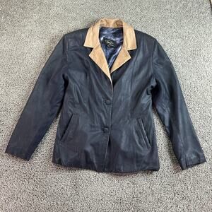 Abaci Leather Jacket Womens Medium Black Satin Lined Button Front Blazer Ladies